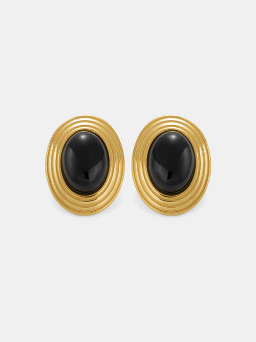 Textured Frame Black Oval Stone Stud Earrings