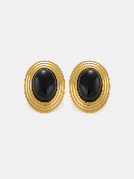 Textured Frame Black Oval Stone Stud Earrings