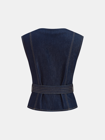 Denim Belted Sleeveless Vest