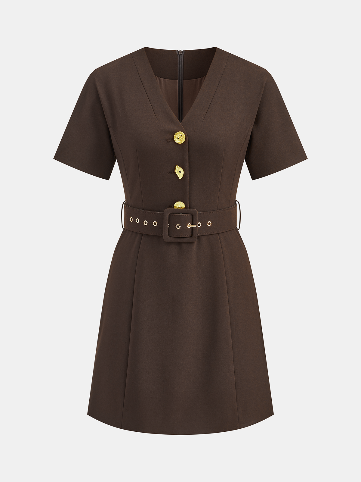 Metal Button V-Neck Belted Mini Dress