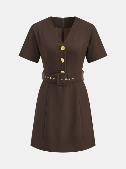 Metal Button V-Neck Belted Mini Dress