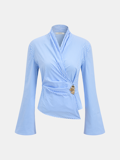 Metal Detail Flared Sleeve Striped Top