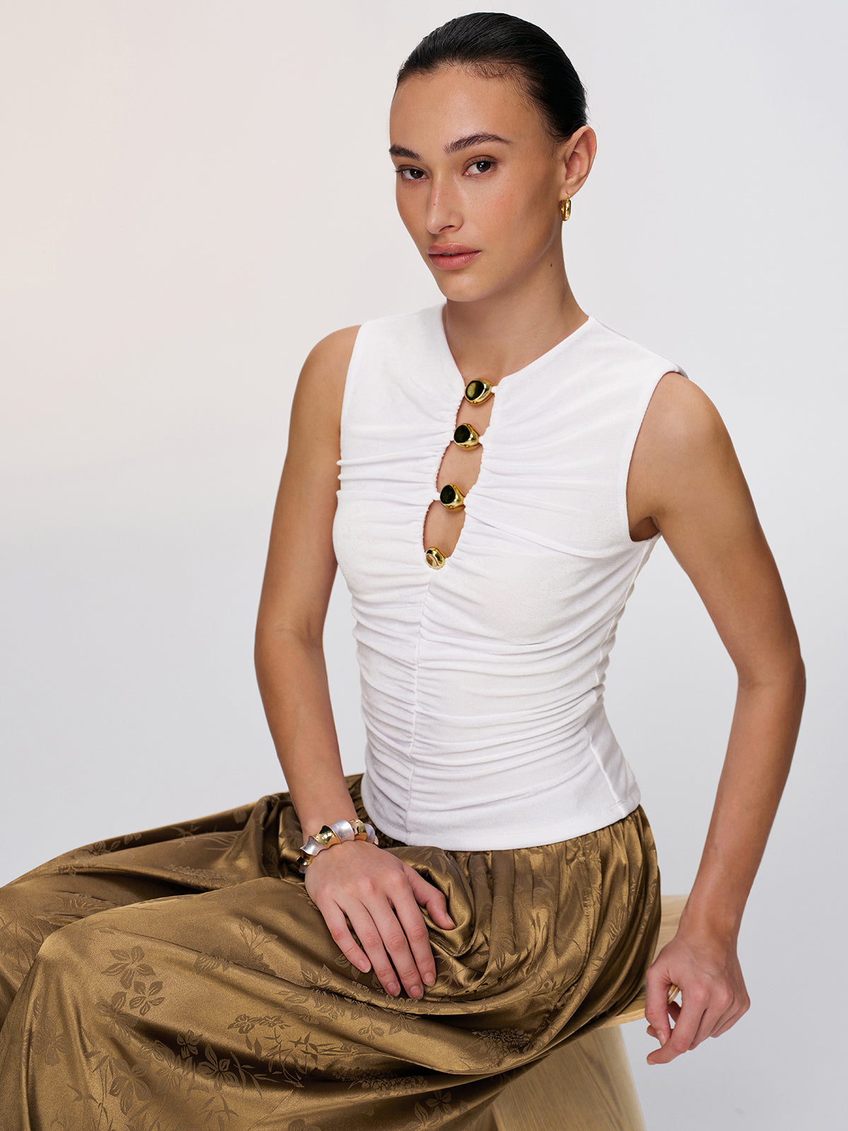 Metal Detail Cut-Out Sleeveless Ruched Top