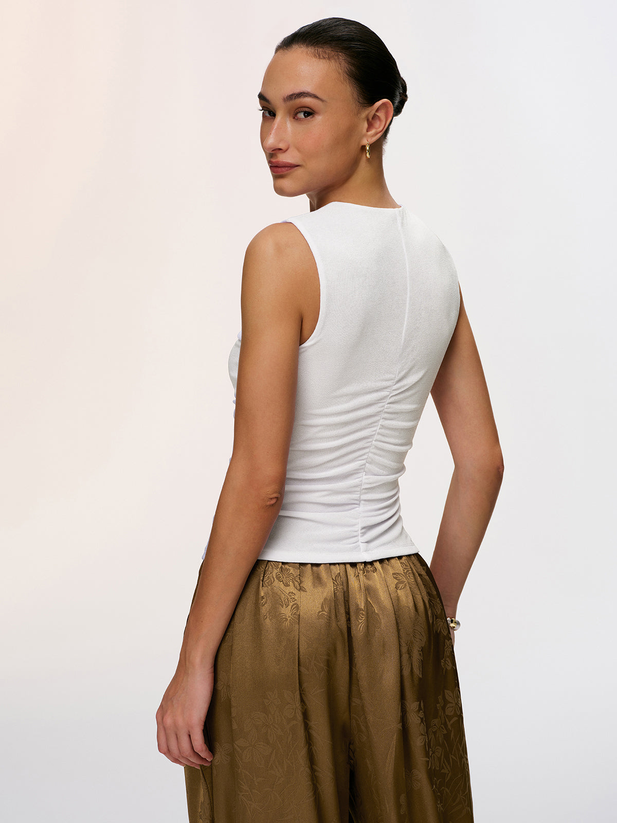 Metal Detail Cut-Out Sleeveless Ruched Top