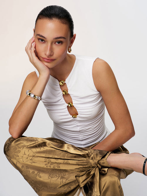Metal Detail Cut-Out Sleeveless Ruched Top