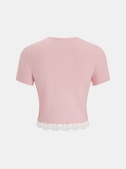 Ribbed Lace-Trim Short-Sleeve Cardigan