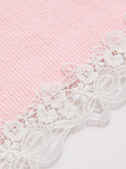 Ribbed Lace-Trim Short-Sleeve Cardigan
