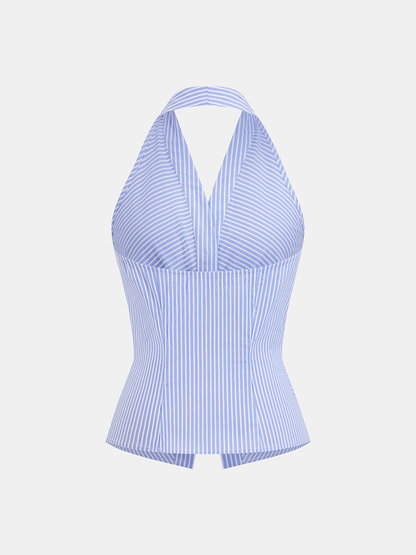 Cotton Blend Striped Halter Top
