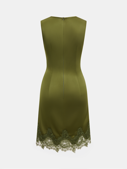Satin Lace Hem Ruched Sleeveless Mini Dress