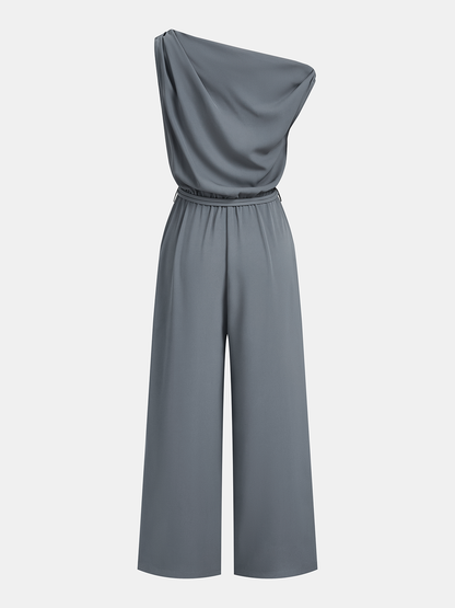 Belted One-Shoulder Draped Jumpsuit