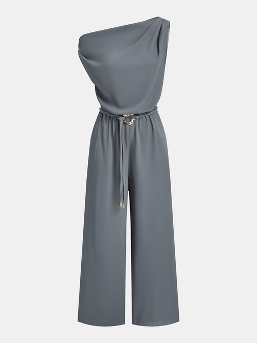 Belted One-Shoulder Draped Jumpsuit