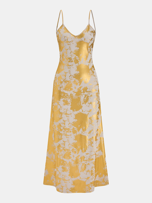 Metallic Print V-Neck Backless Slip Long Dress
