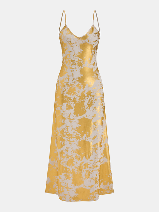 Metallic Print V-Neck Backless Slip Long Dress