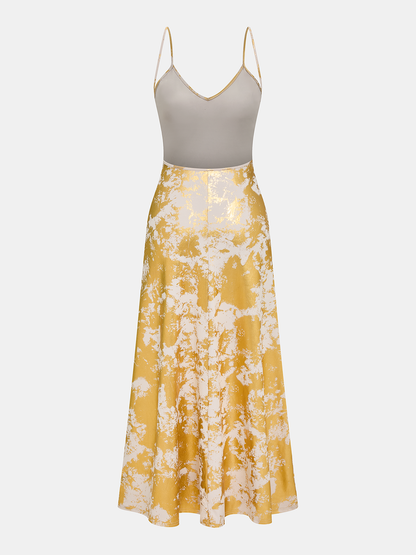Metallic Print V-Neck Backless Slip Long Dress