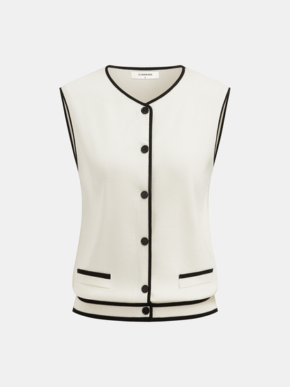 Contrast Piping Knit Vest & Wide-Leg Pants Set