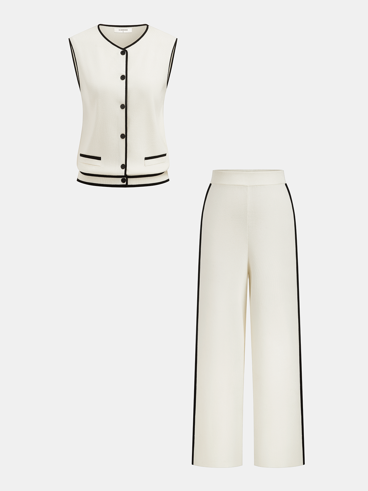 Contrast Piping Knit Vest & Wide-Leg Pants Set