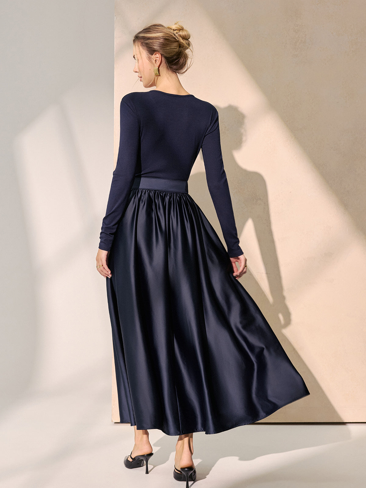 Belted Satin Panel V-Neck Long Sleeve Maxi Dress