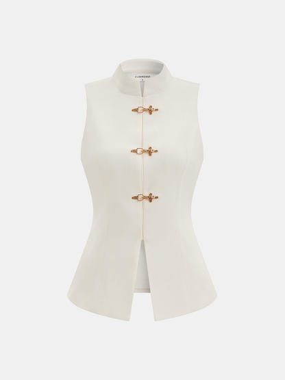 Mandarin Collar Metal Clasp Fitted Vest