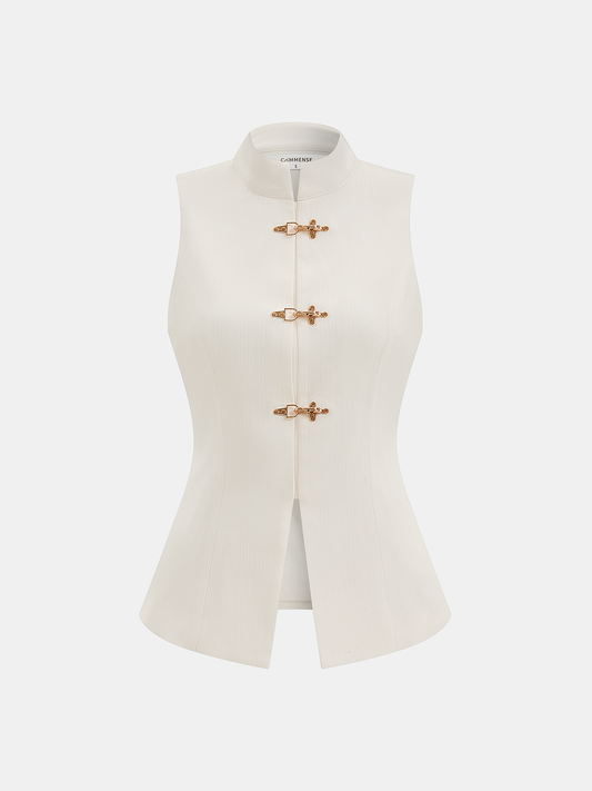 Mandarin Collar Metal Clasp Fitted Vest