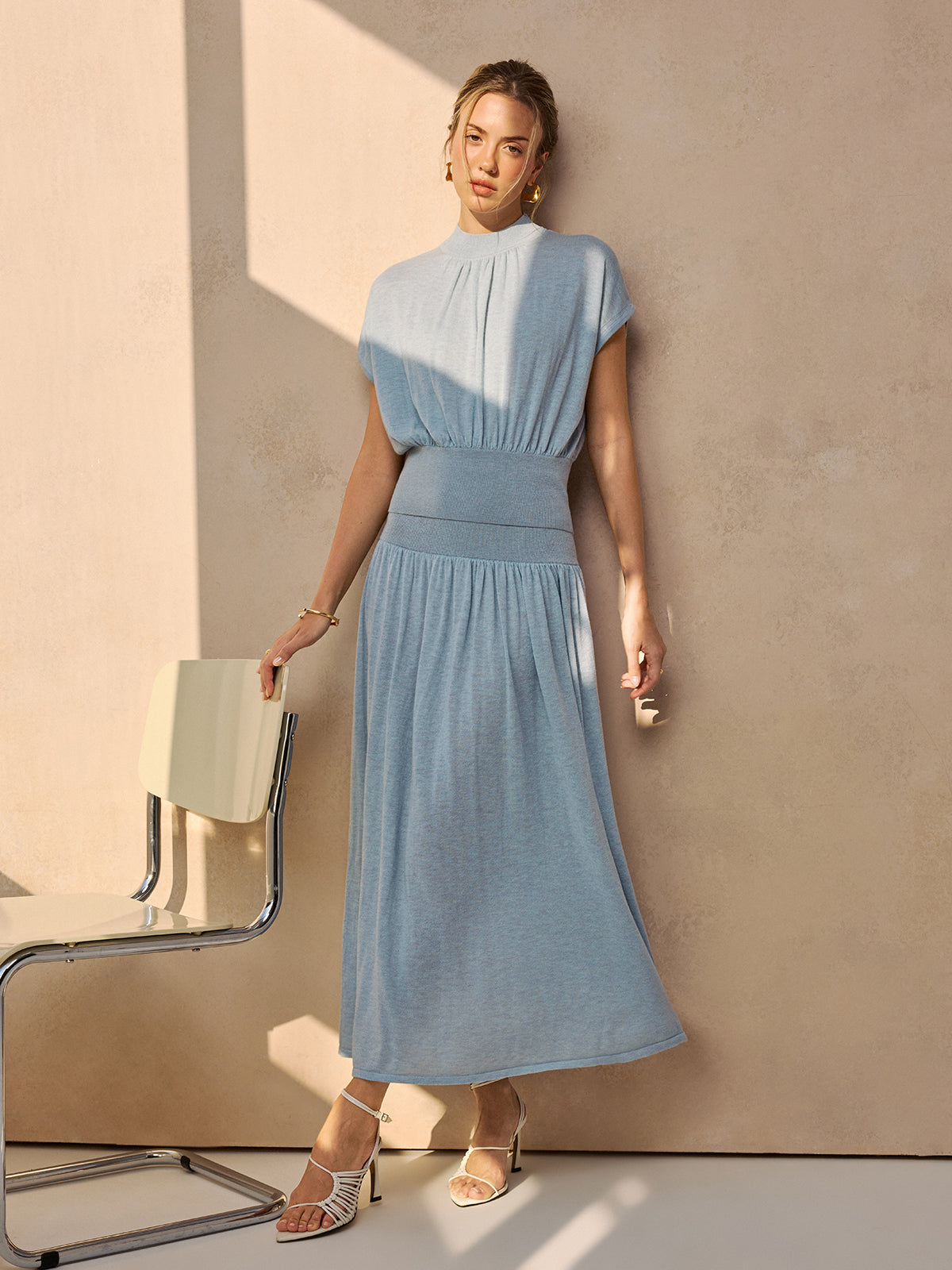 Semi-Sheer Wool-Blend Cinched Top & Midi Skirt Set