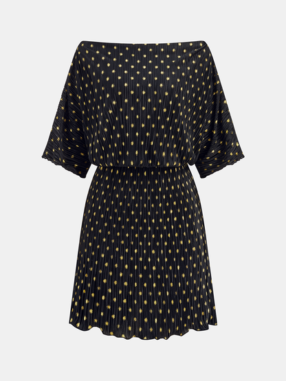 Off-Shoulder Polka Dot Pleated Mini Dress