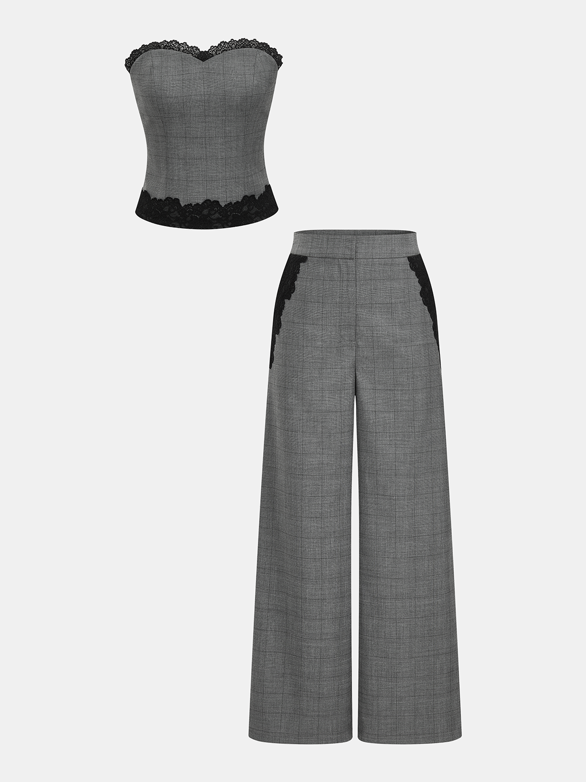 Plaid Lace Trim Strapless Top & Pants Set