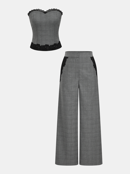Plaid Lace Trim Strapless Top & Pants Set