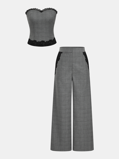 Plaid Lace Trim Strapless Top & Pants Set