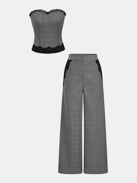 Plaid Lace Trim Strapless Top & Pants Set
