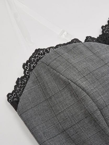 Plaid Lace Trim Strapless Top & Pants Set