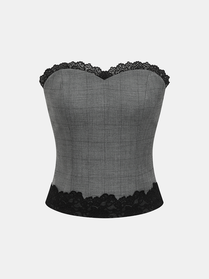 Plaid Lace Trim Strapless Top & Pants Set