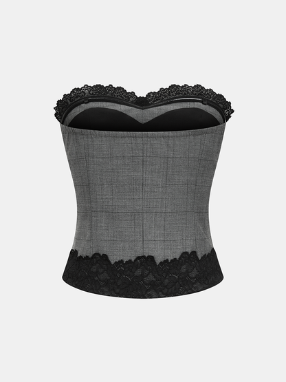 Plaid Lace Trim Strapless Top & Pants Set