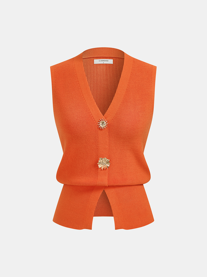 Decorative Button V Neck Knit Vest