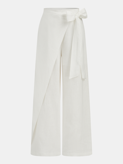 Bow Tie Wrap Linen Wide Leg Pants