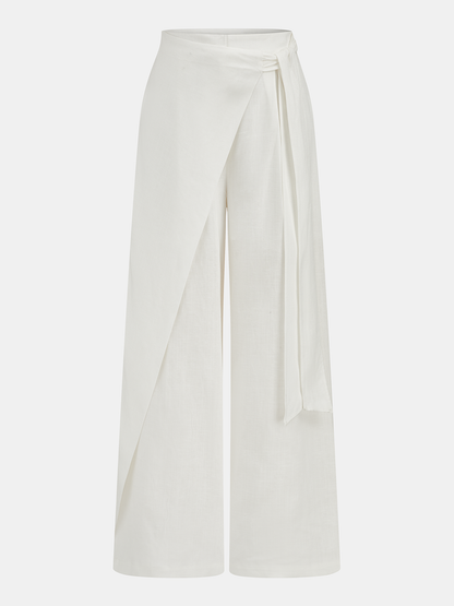 Bow Tie Wrap Linen Wide Leg Pants