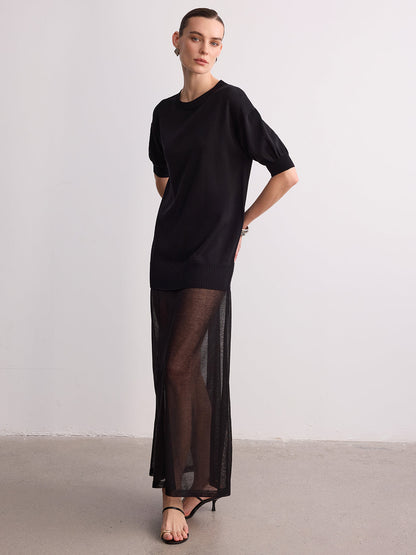 Short Sleeve Sheer Hem Knit Maxi Dress