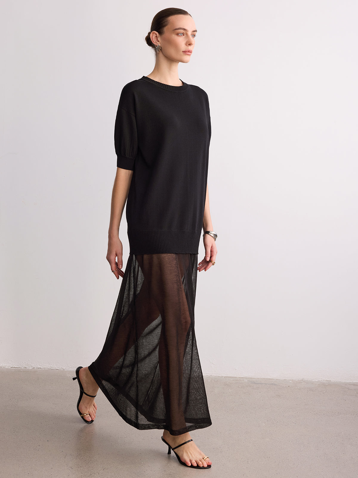 Short Sleeve Sheer Hem Knit Maxi Dress