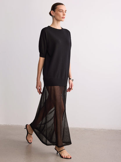 Short Sleeve Sheer Hem Knit Maxi Dress