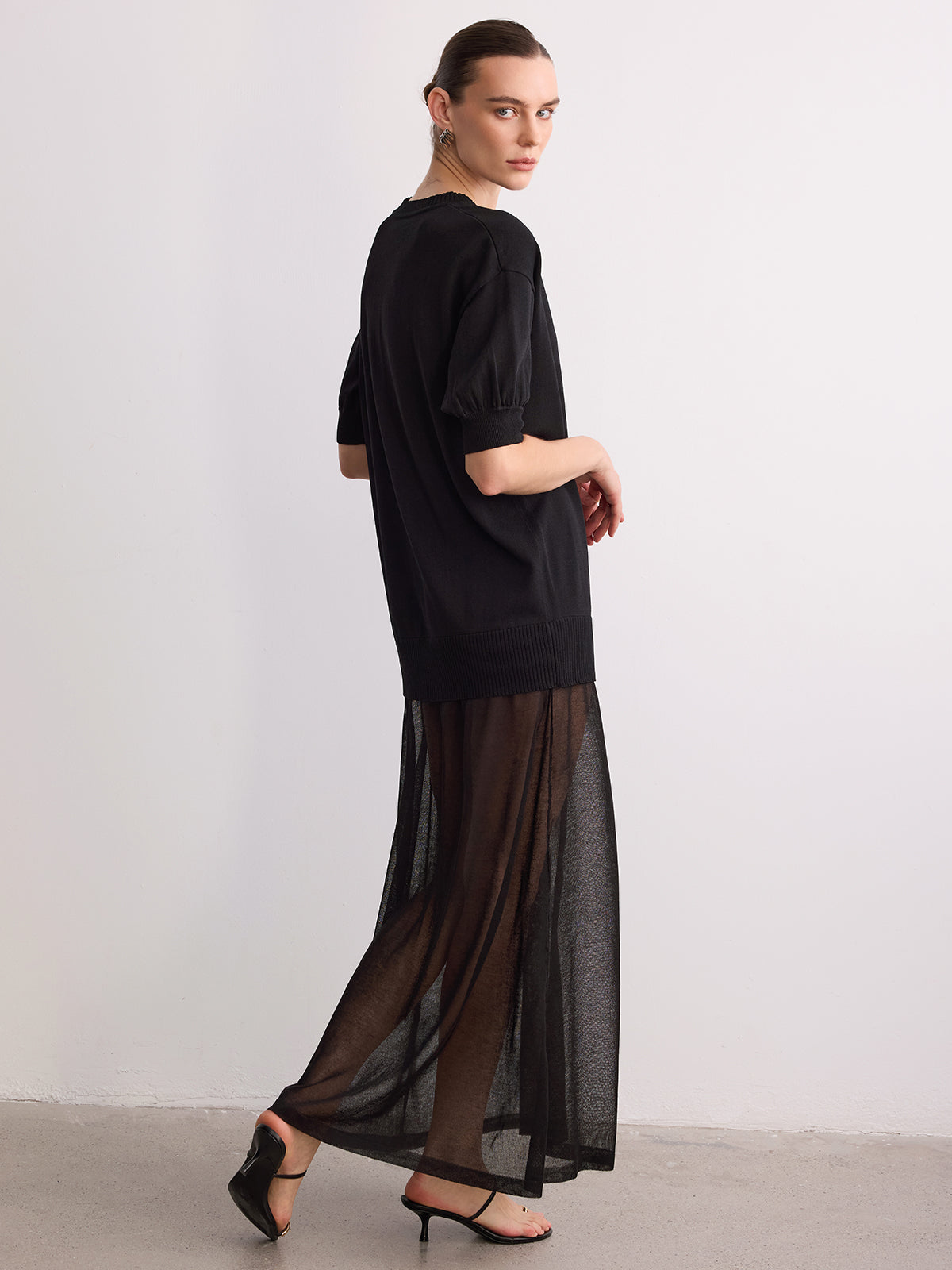 Short Sleeve Sheer Hem Knit Maxi Dress