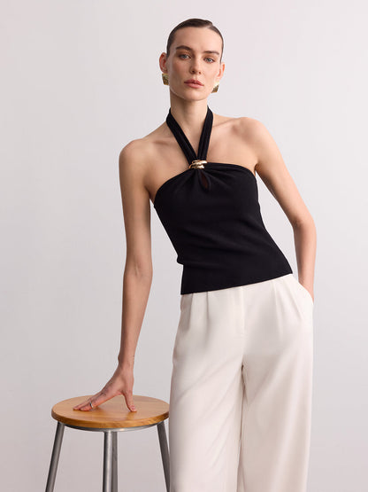 Ring Detail Ribbed Knit Halter Top