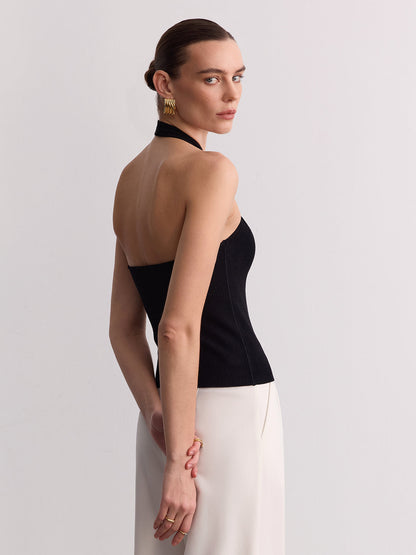 Ring Detail Ribbed Knit Halter Top