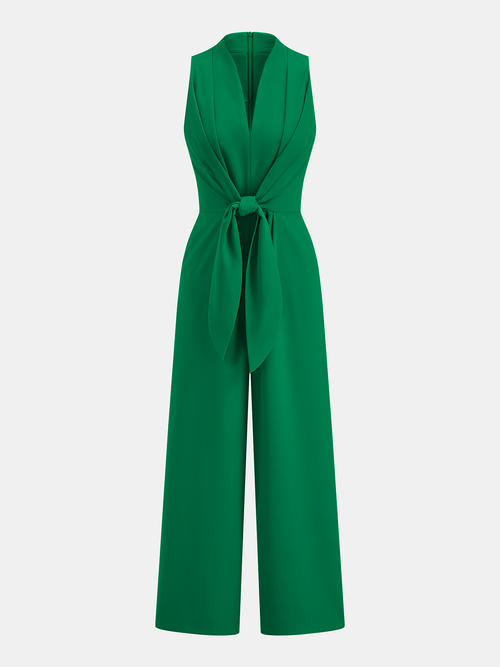 Sleeveless V-Neck Tie Waist Wide-Leg Jumpsuit