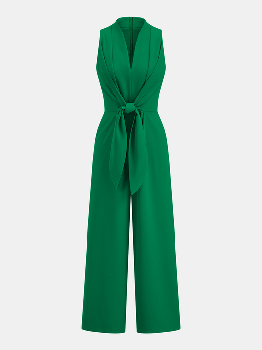 Sleeveless V-Neck Tie Waist Wide-Leg Jumpsuit