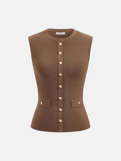 Metal Button Crew-Neck Sleeveless Knit Vest