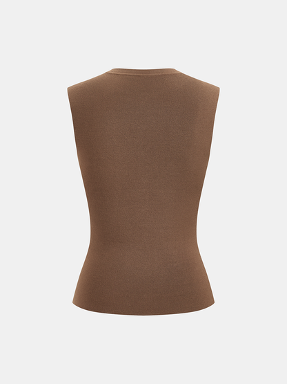 Metal Button Crew-Neck Sleeveless Knit Vest