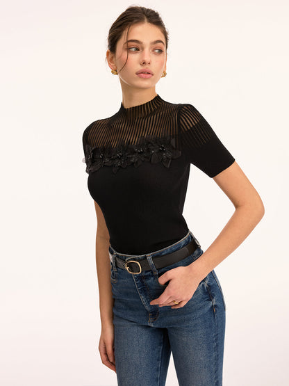 3D Floral Applique Sheer Mock Neck Knit Top