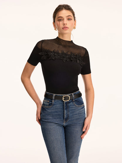 3D Floral Applique Sheer Mock Neck Knit Top