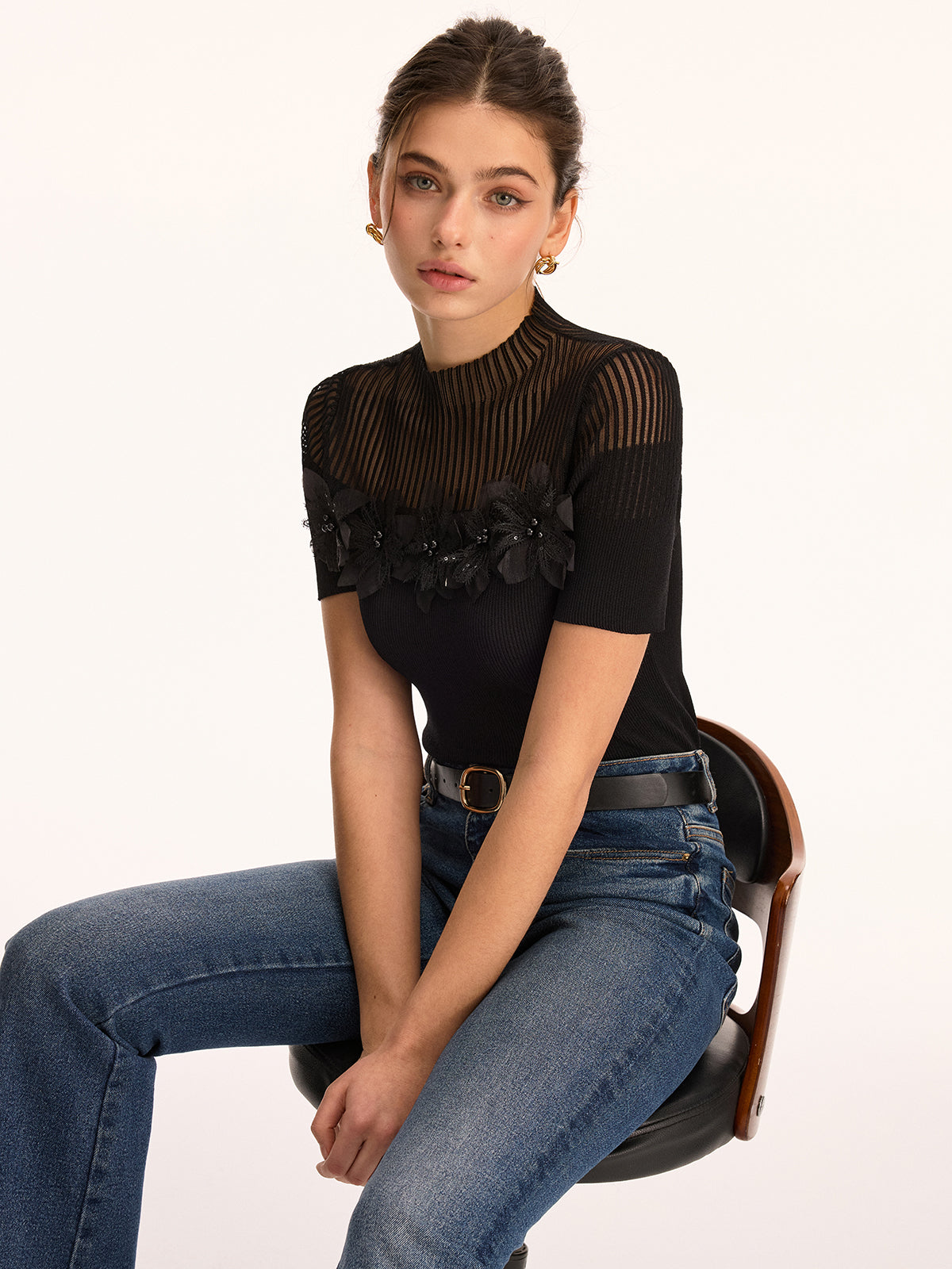 3D Floral Applique Sheer Mock Neck Knit Top