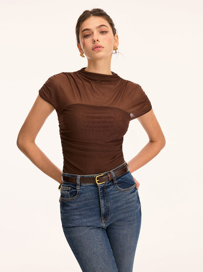 Mesh Ruched Mock Neck Top