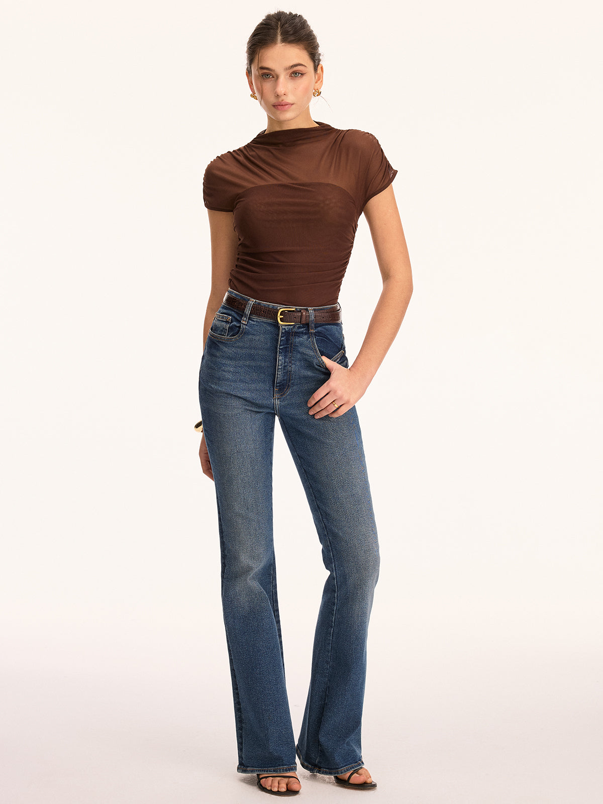 Mesh Ruched Mock Neck Top